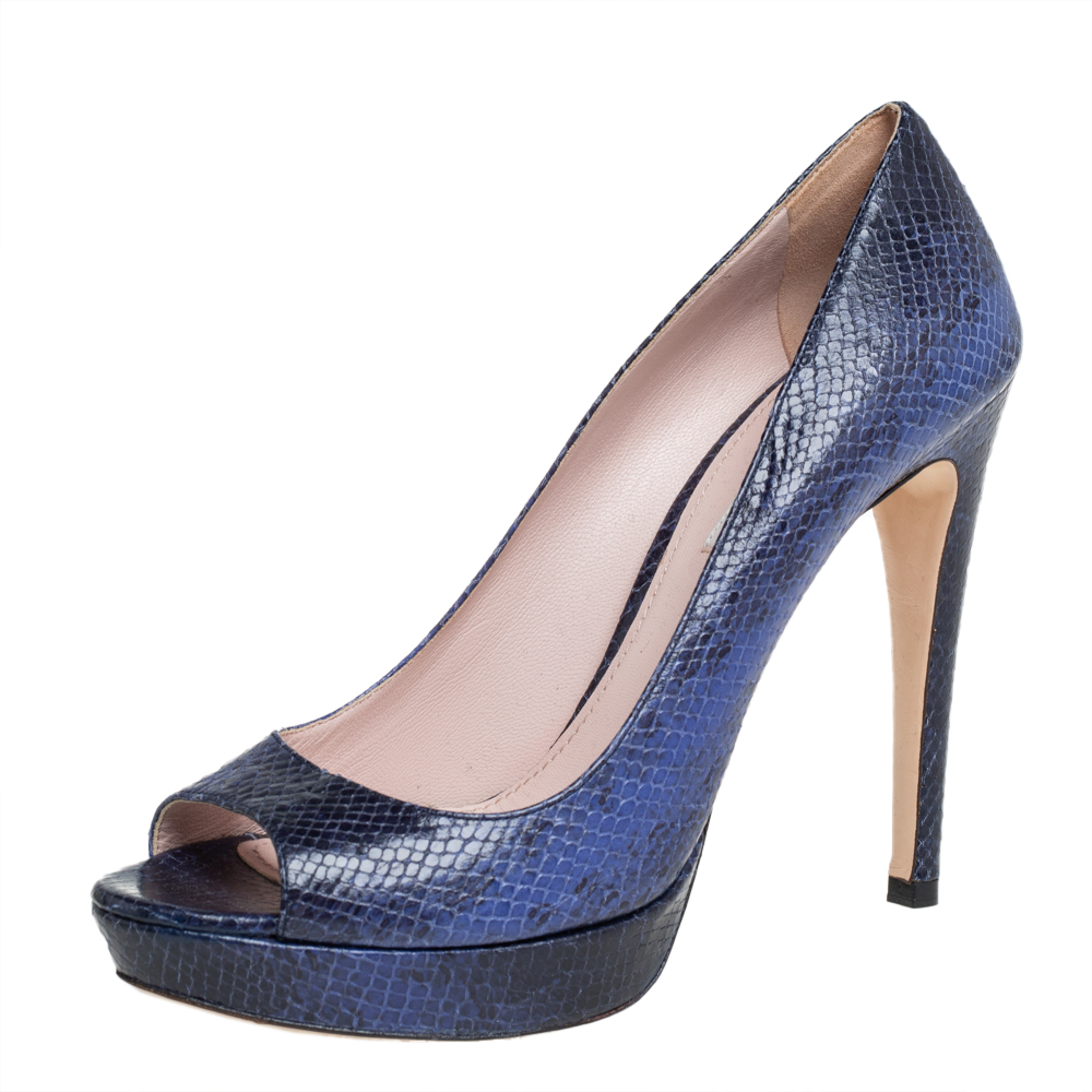 Miu miu blue/black python embossed leather peep toe platform pumps size 39.5