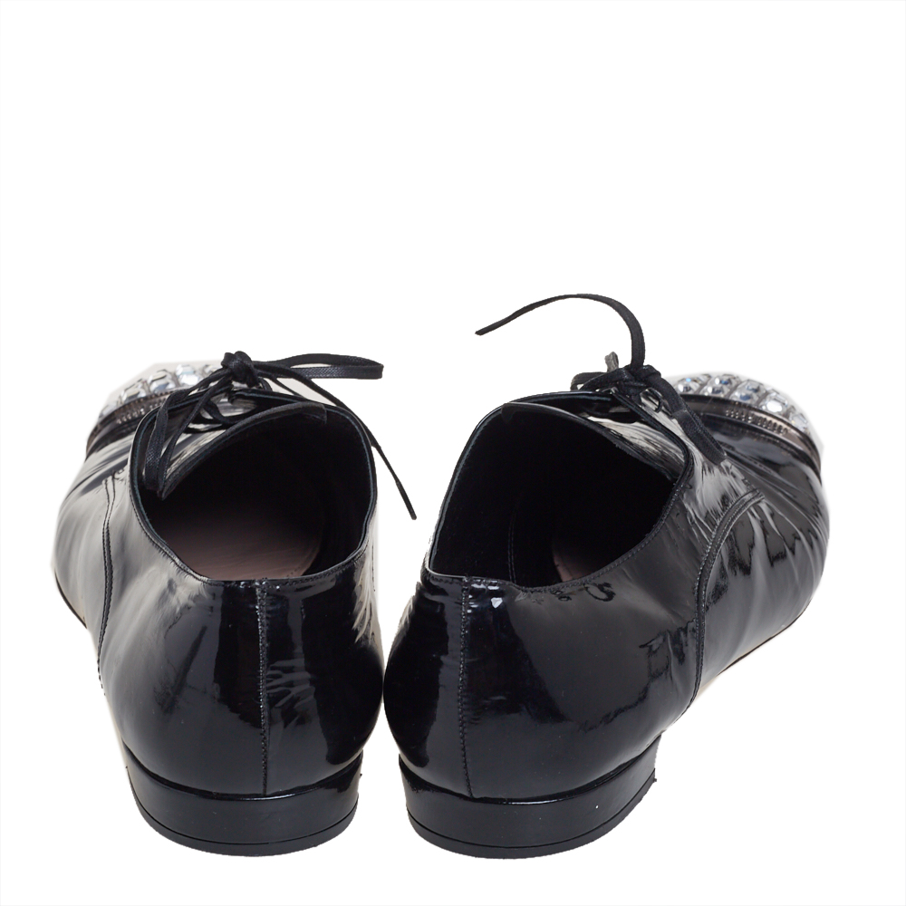 Miu Miu Black Patent Leather Crystal Embellished Cap Toe Oxfords Size 40