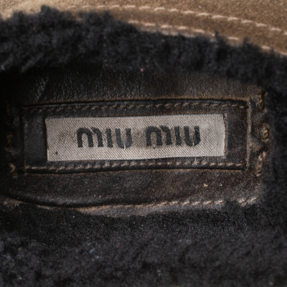 Miu Miu Olive Green Suede And Shearling Studded Cap Toe Sneakers Size 38