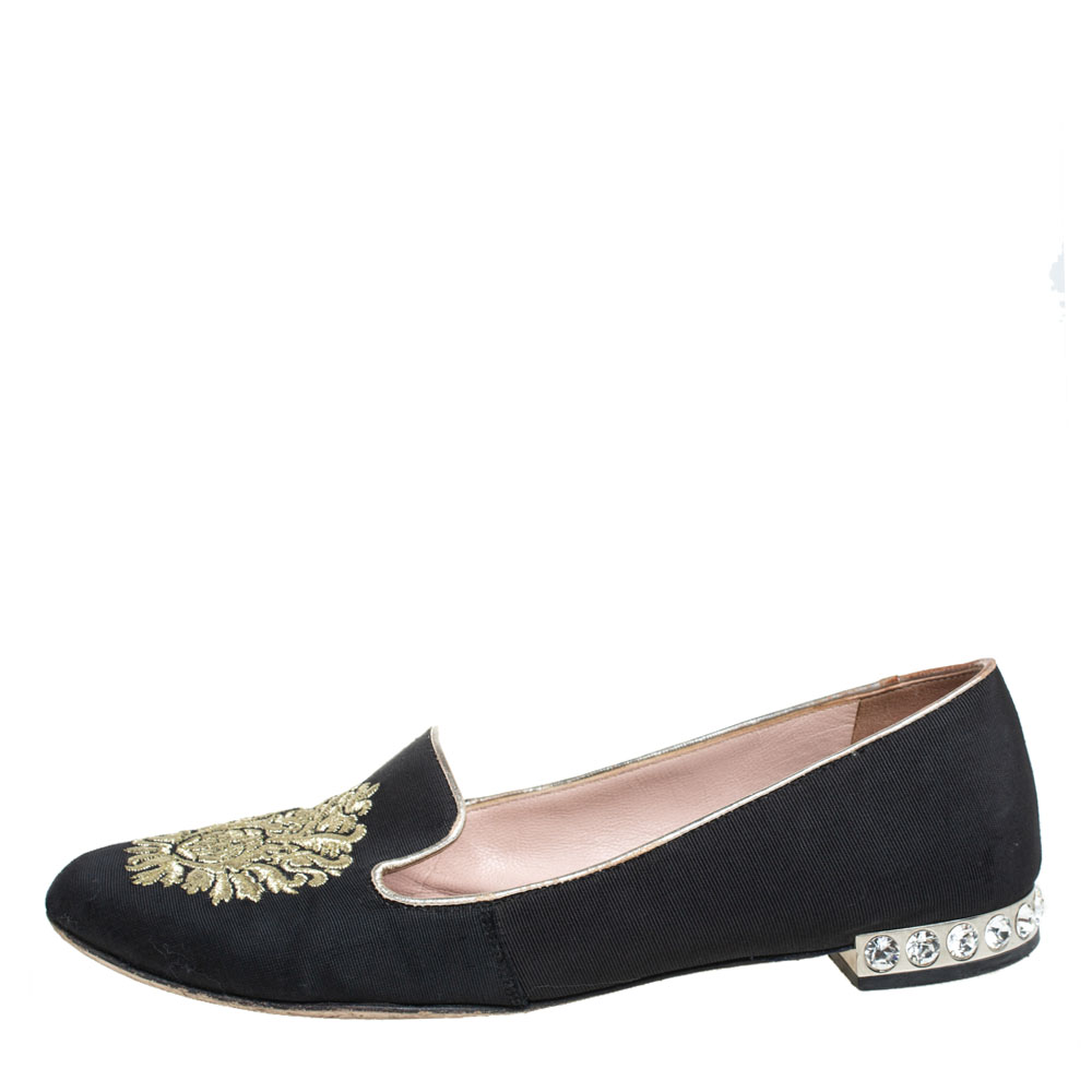 Miu Miu Black Canvas Embroidered Crystal Embellished Smoking Slippers Size 36