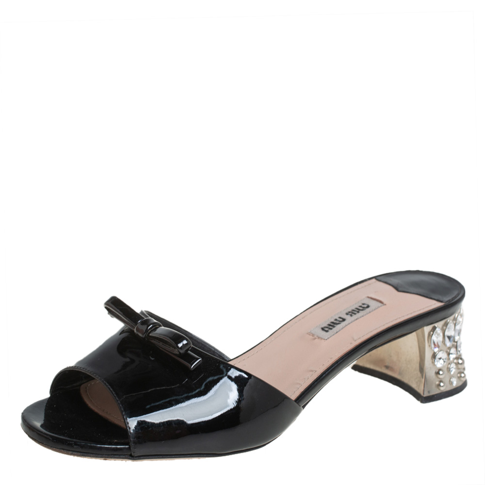 Miu Miu Black Patent Leather Crystal Embellishment Mule Sandals Size 37