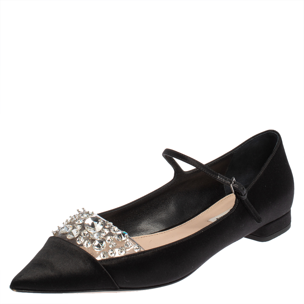 Miu Miu Black Satin Crystal Embellished Ankle Strap Pointed Toe Ballet Flats Size 40