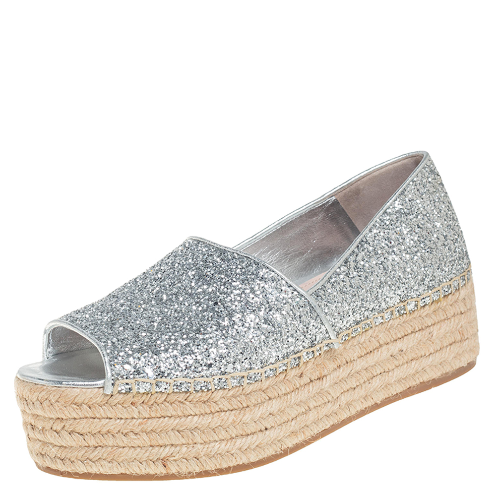 Miu Miu Silver Coarse Glitter Platform Wedge Open Toe Espadrilles Size 39