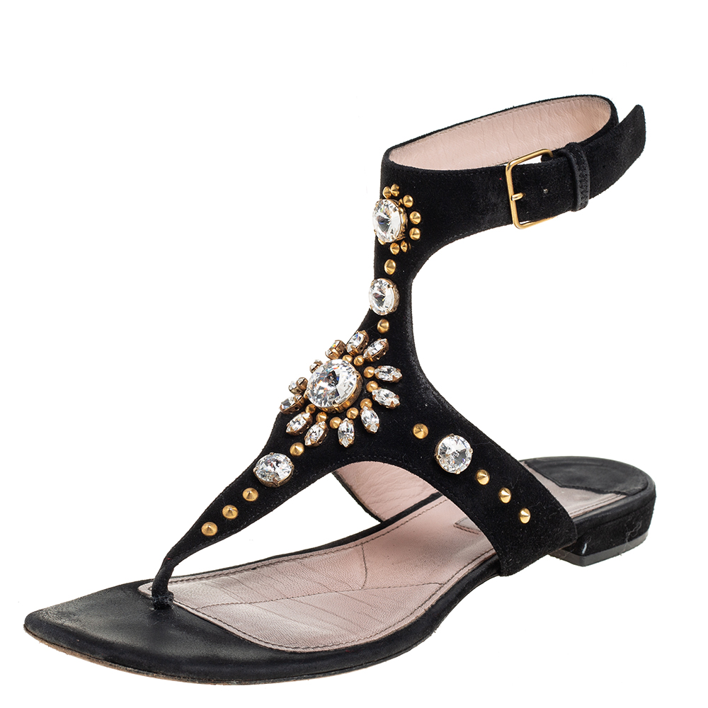 Miu Miu Black Suede Crystal T strap Sandals Size 39