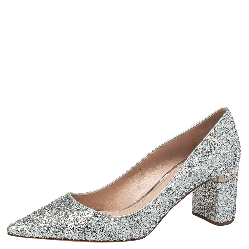 Miu Miu Silver Glitter Block Heel Pointed Toe Embellished Pumps Size 40