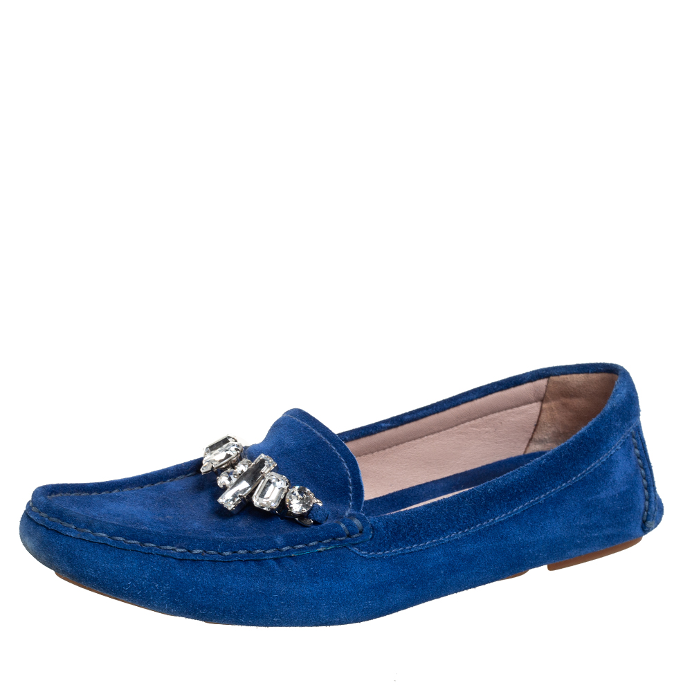 Miu Miu Blue Suede Crystal Embellished Slip On Loafers Size 39.5