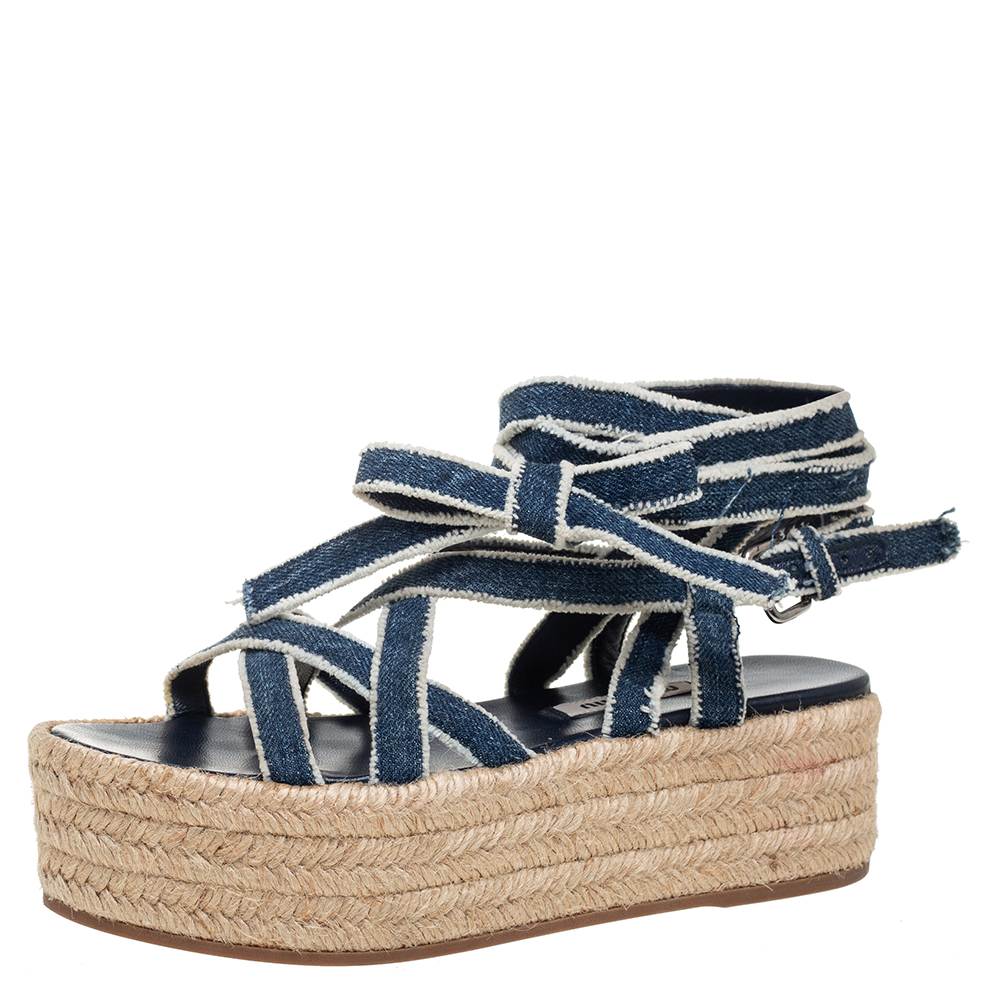 Miu Miu Blue/White Denim Wrap Around Flat Sandals Size 34.5