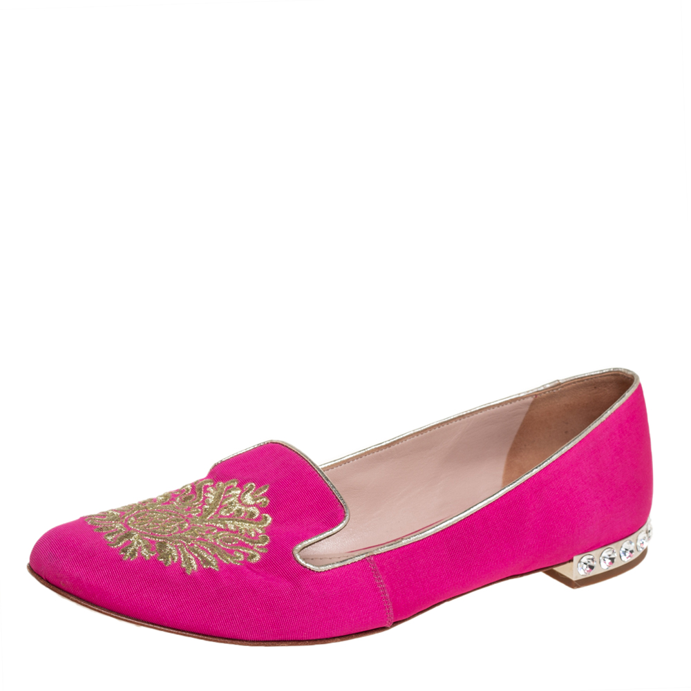 Miu Miu Pink Canvas Embroidered Crystal Studded Smoking Slippers Size 38.5