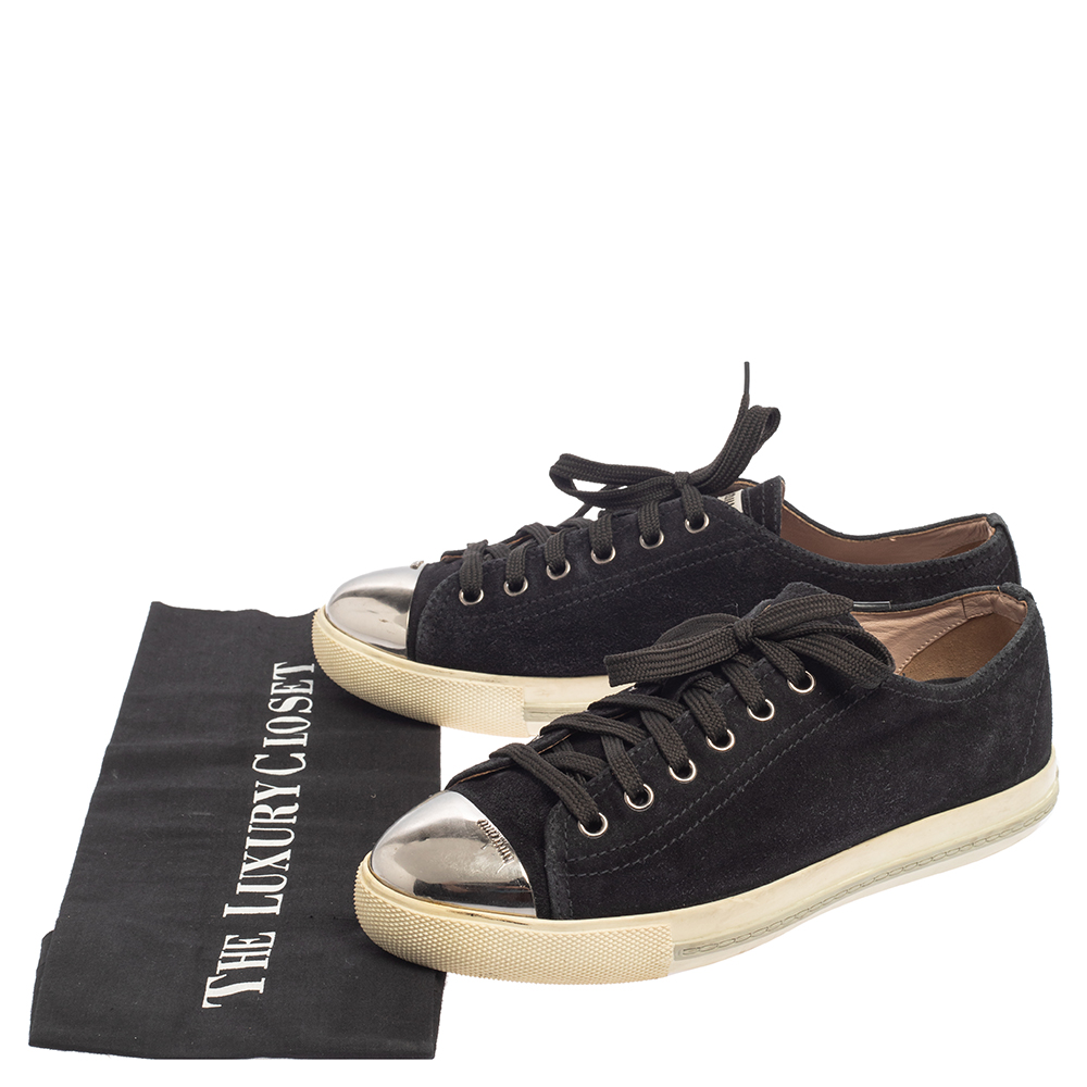 Miu Miu Black/Silver Patent Leather Metal Cap Toe Sneakers Size 38