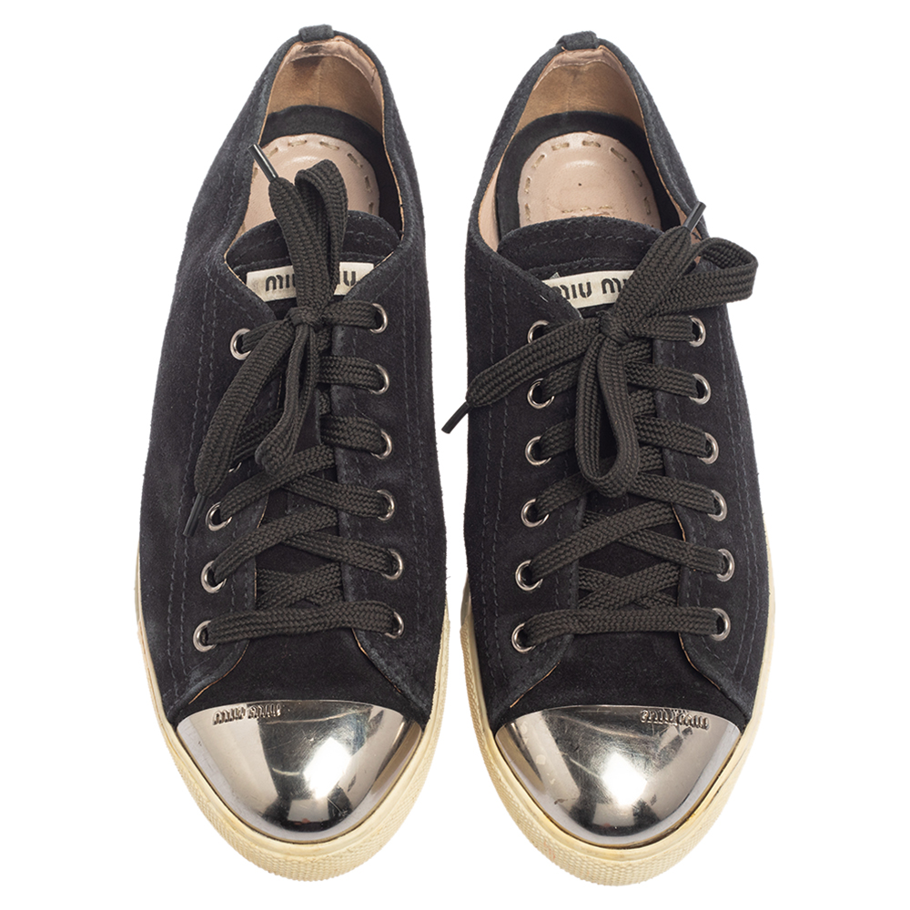 Miu Miu Black/Silver Patent Leather Metal Cap Toe Sneakers Size 38