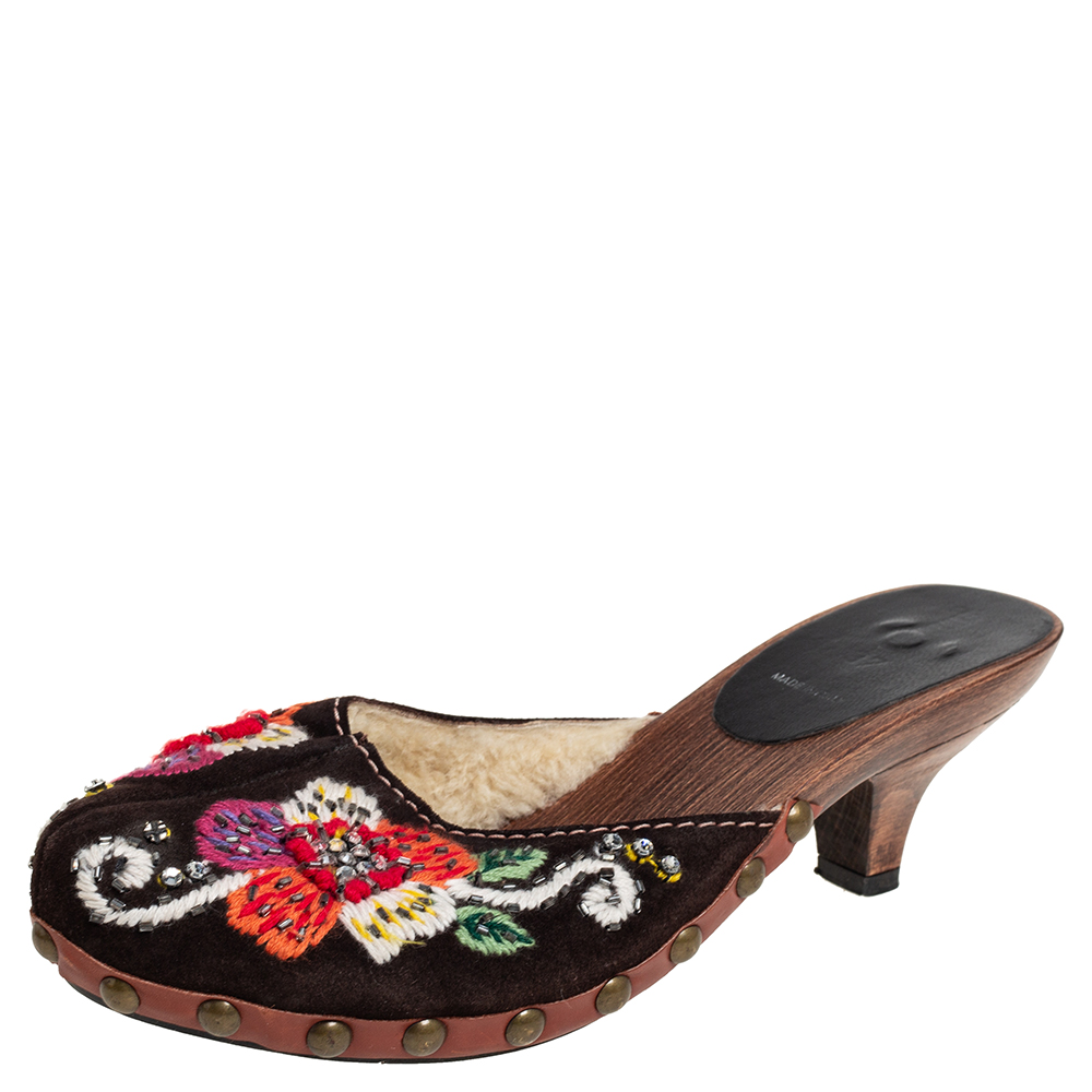 Miu Miu Brown Suede Shearling Wood Clogs Sandals Size 37.5