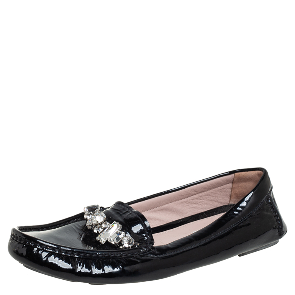 Miu Miu Black Patent Leather Crystal Embellished Loafers Size 38