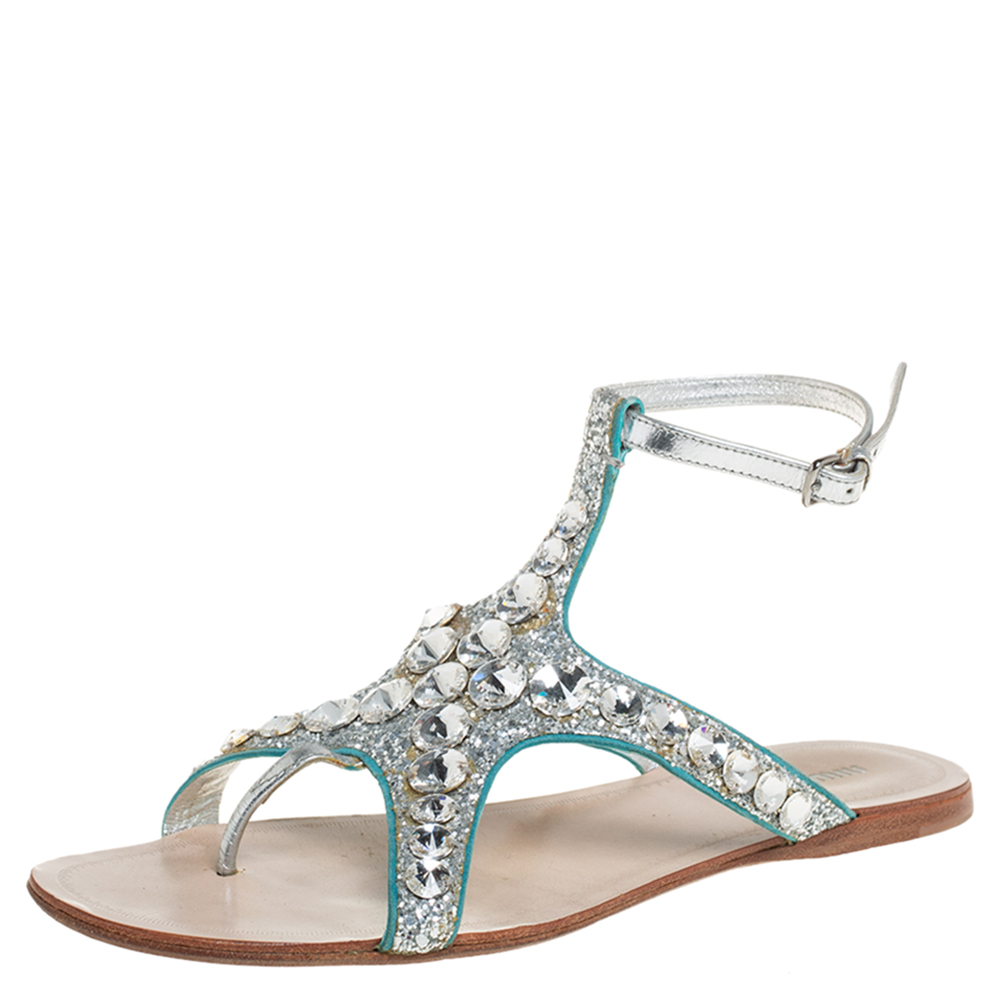 Miu Miu Silver Glitter And Leather Crystal Embellished Flat Ankle Strap Sandals Size 38