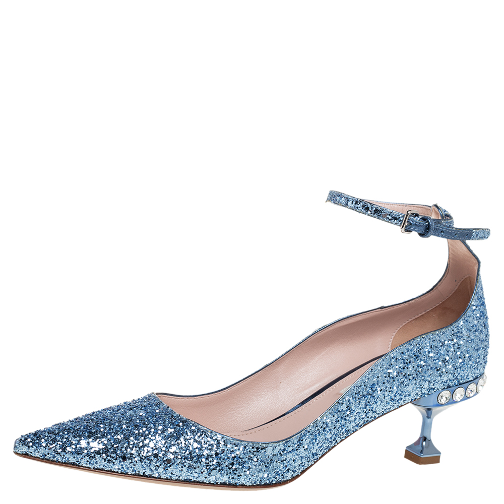 Miu Miu Blue Glitter Crystal Embellished Ankle Strap Pointed Toe Pumps Size 39