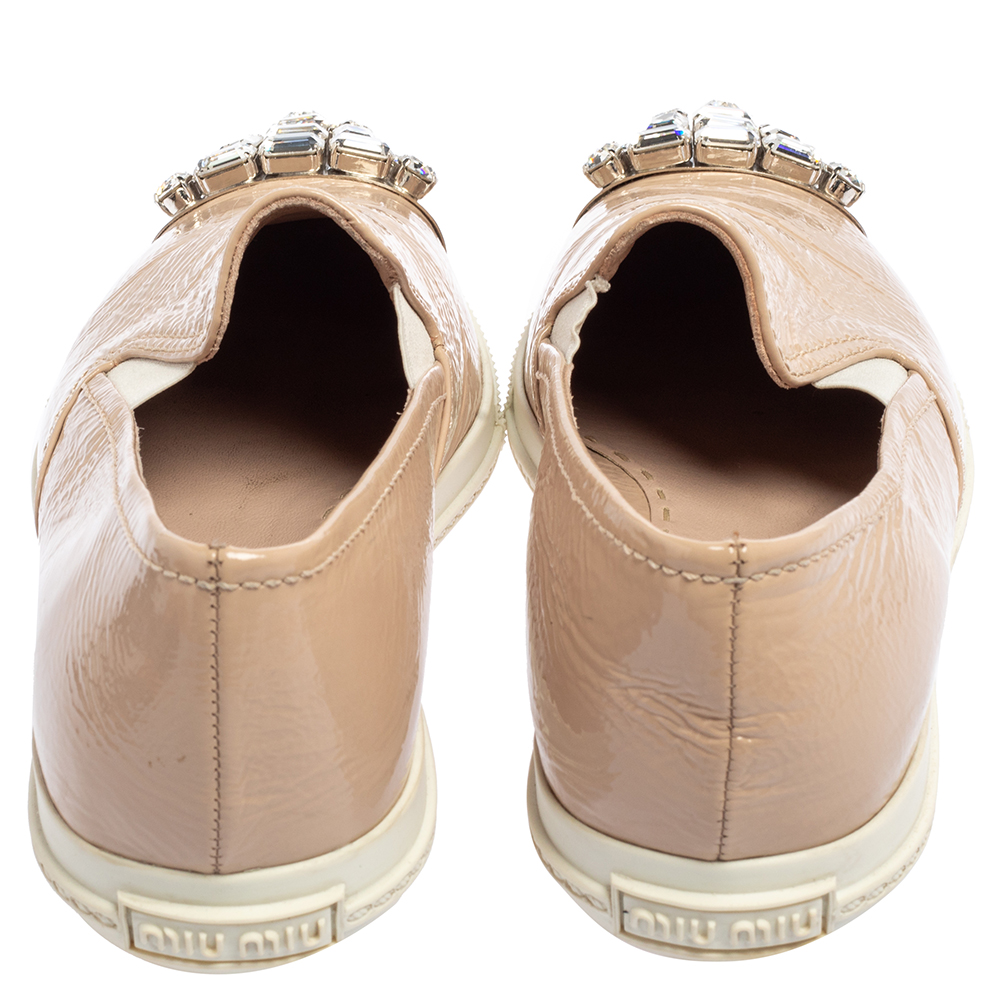 Miu Miu Beige Patent Embellished Cap Toe Slip On Sneakers Size 38