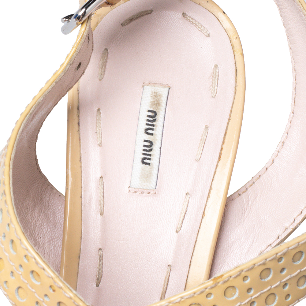 Miu Miu Yellow Patent Leather Peep Toe Platform Ankle Strap Sandals Size 39.5