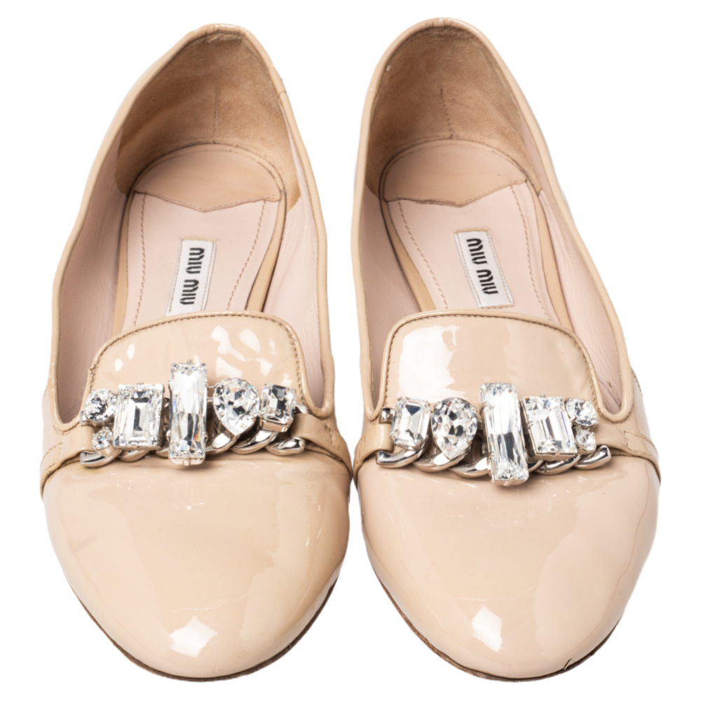 Miu Miu Beige Patent Leather Crystal Embellished Smoking Slippers Size 39