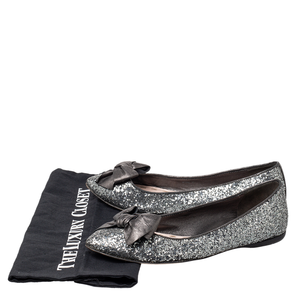 Miu Miu Metallic Grey Glitter Bow Ballet Flats Size 37