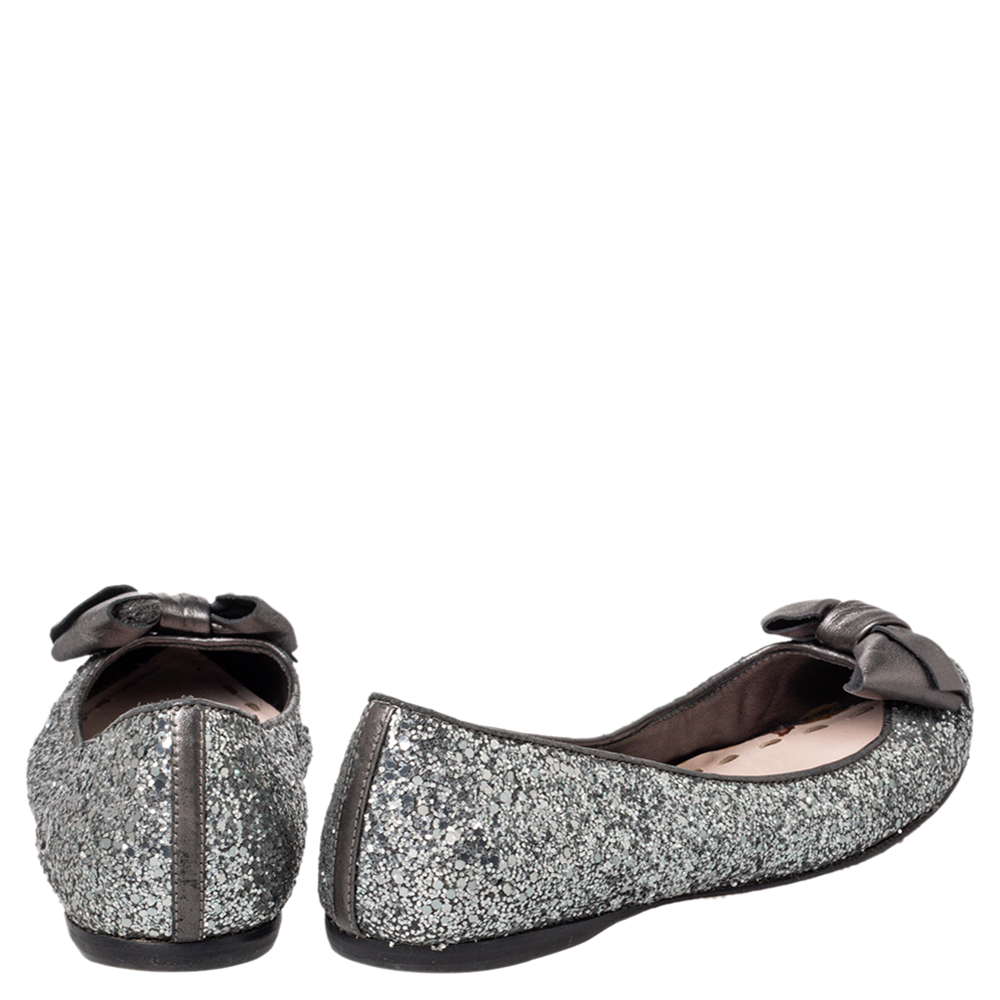 Miu Miu Metallic Grey Glitter Bow Ballet Flats Size 37
