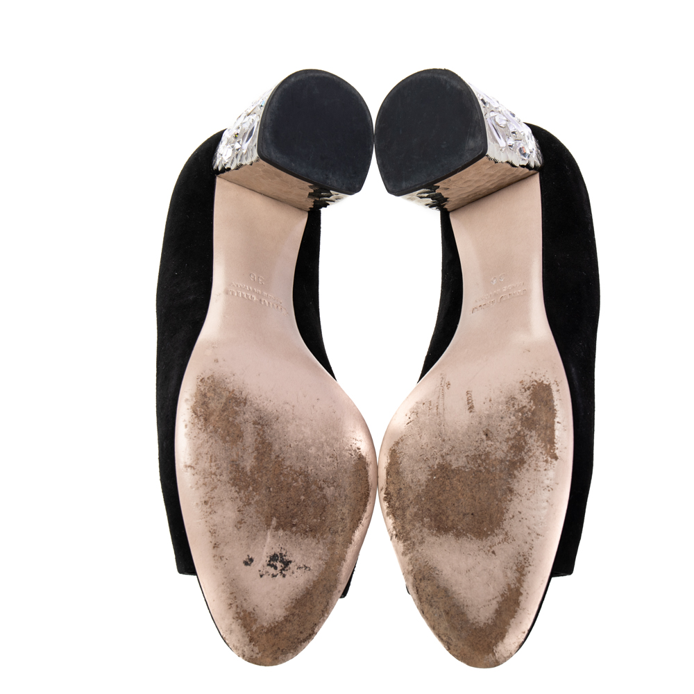 Miu Miu Black Suede Crystal Embellished Heel Peep Toe Pumps Size 36