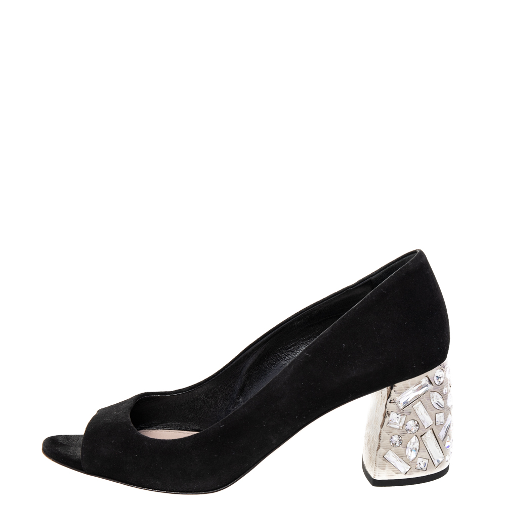 Miu Miu Black Suede Crystal Embellished Heel Peep Toe Pumps Size 36