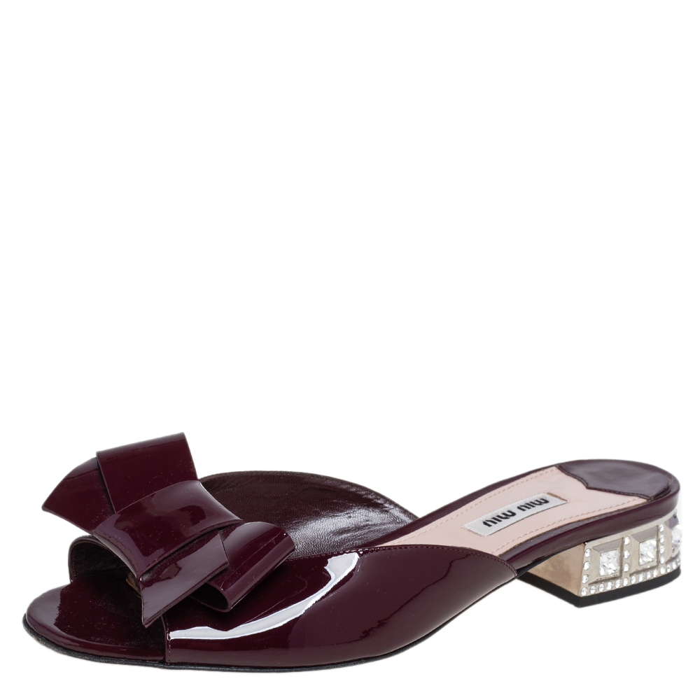 Miu Miu Burgundy Patent Leather Bow Slide Sandals Size 37.5