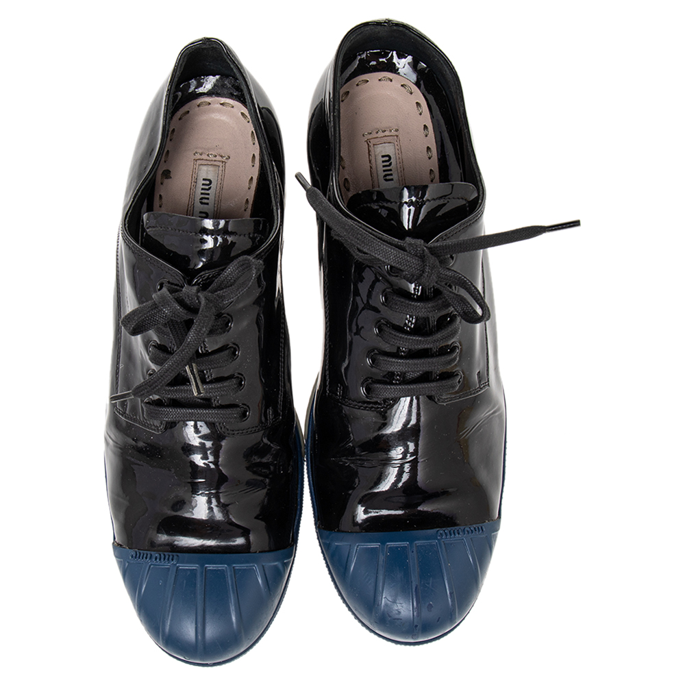 Miu Miu Black/Blue Patent Leather Rubber Cap Toe Platform Sneakers Size 39
