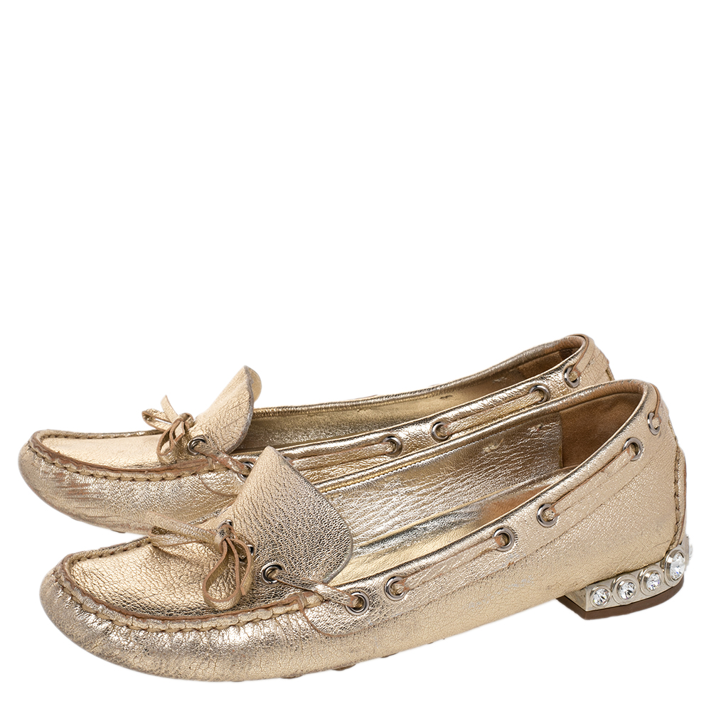 Miu Miu Metallic Gold Crystal Embellished Slip On Loafers Size 36.5