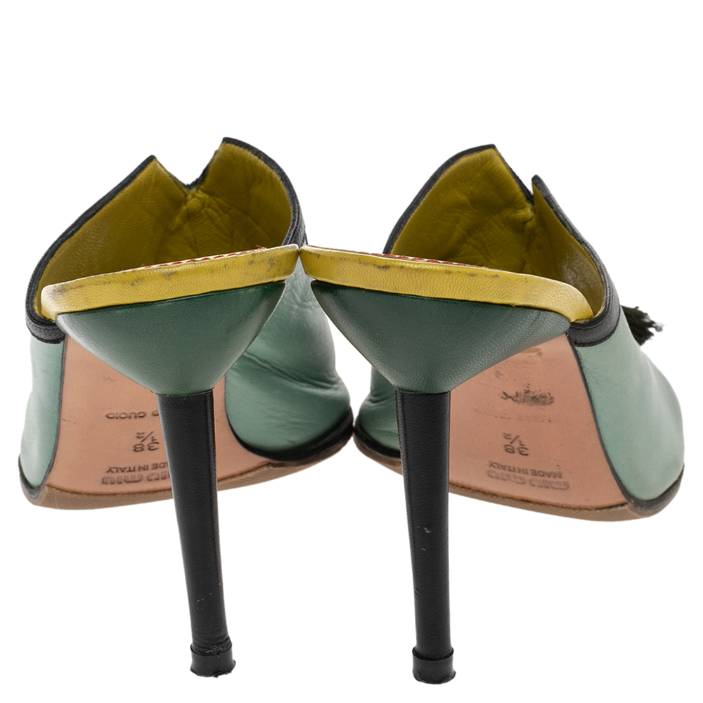 Miu Miu Green/Black Leather Tassel Peep Toe Slide Sandals Size 38.5