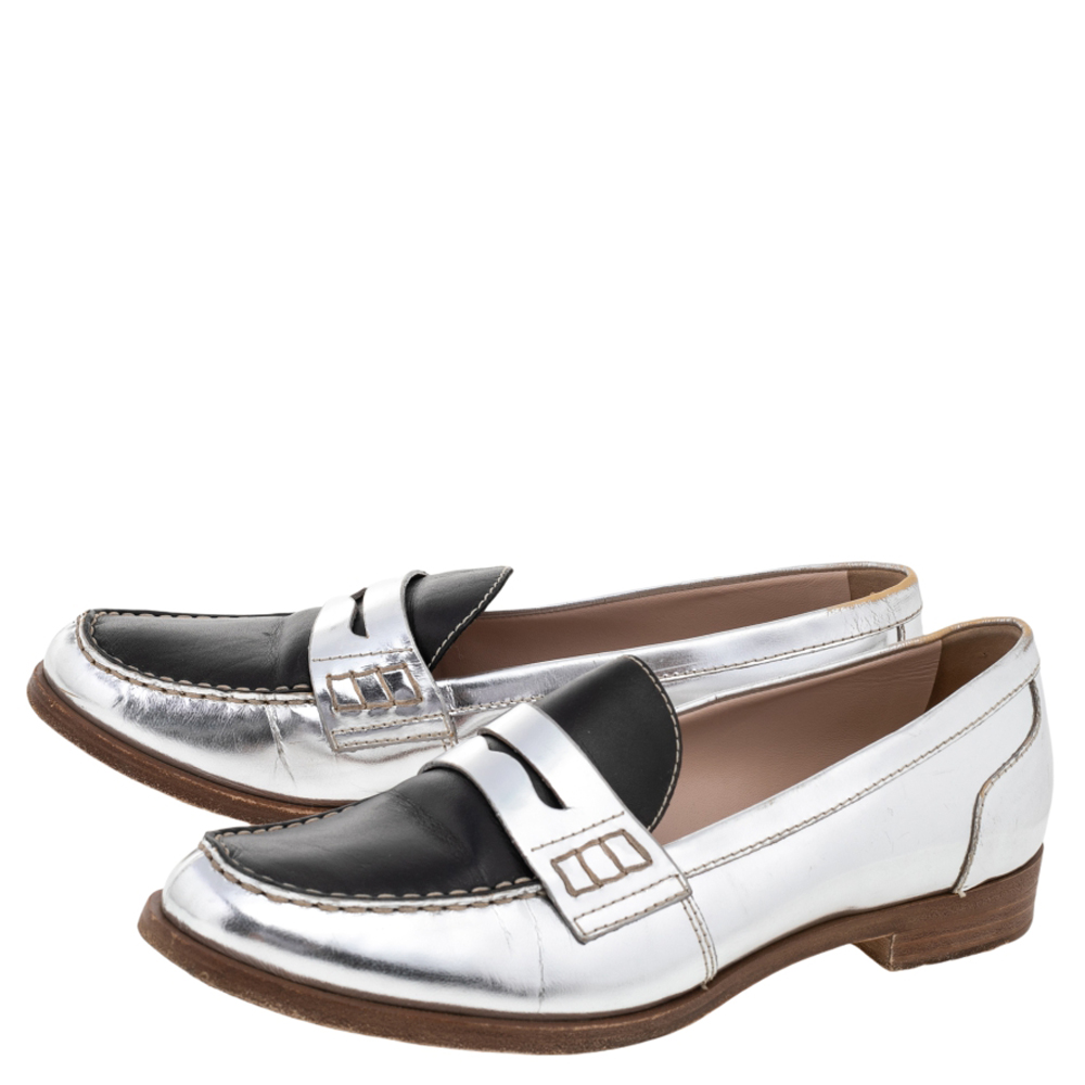 Miu Miu Silver/Black Patent And Leather Slip On Loafers Size 38