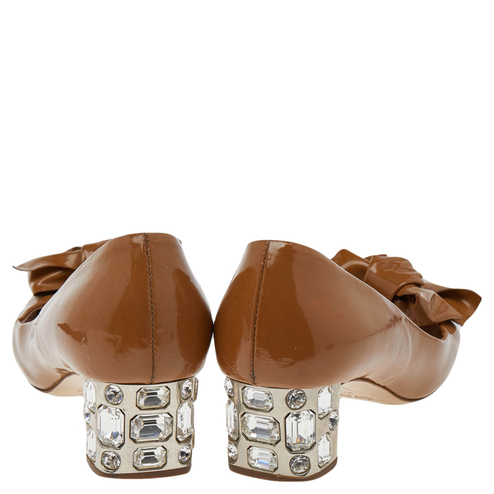 Miu Miu Dark Beige Patent Leather Bow Crystal Embellished Heel Pumps Size 37.5