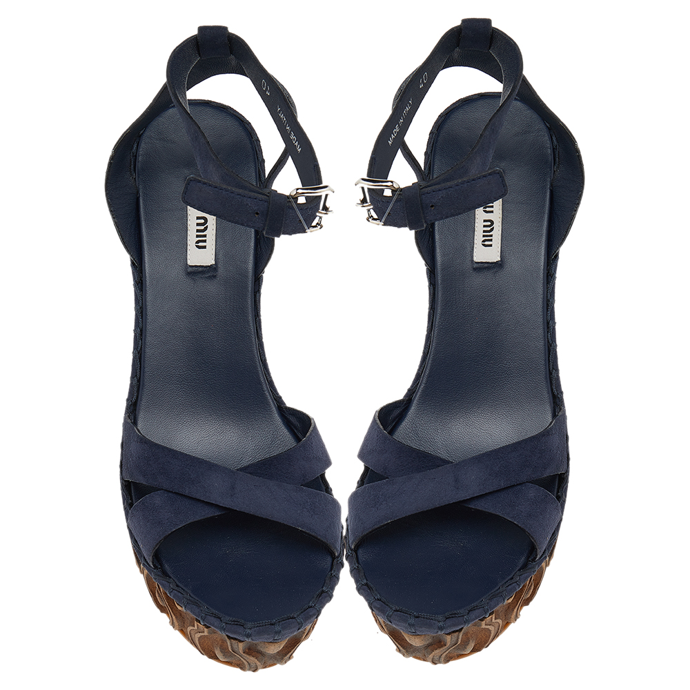 Miu Miu Blue Suede Wedge Platform Ankle Strap Sandals Size 40