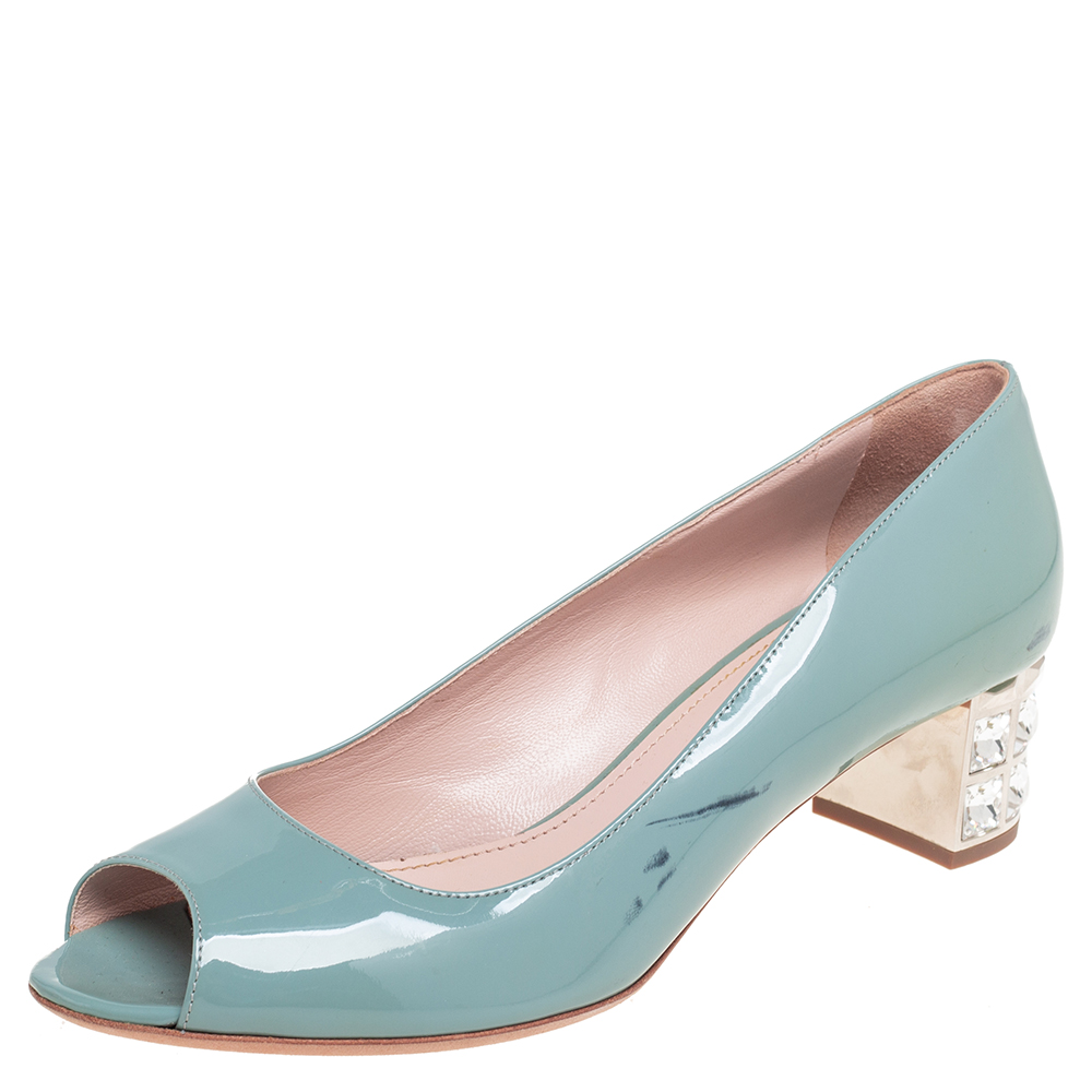 Miu Miu Blue Patent Leather Peep Toe Embellished Block Heel Pumps Size 37.5