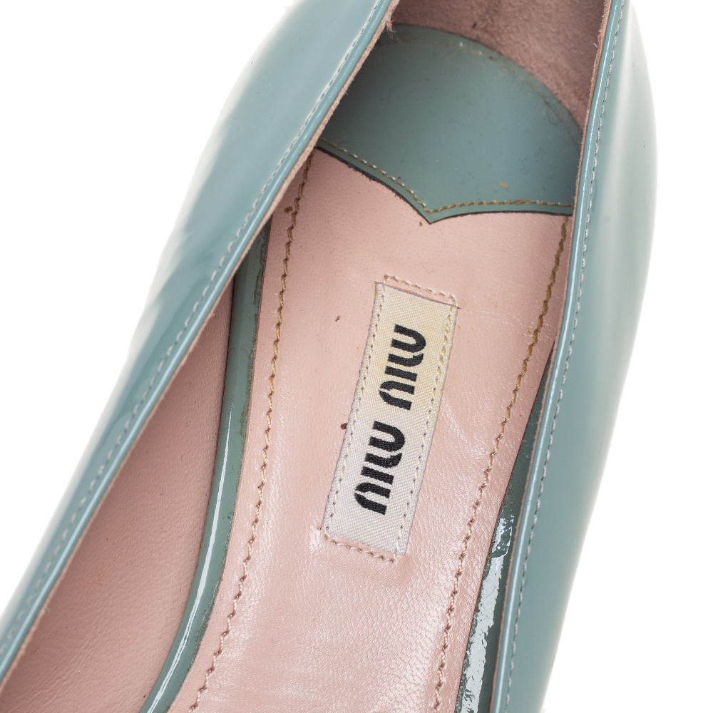 Miu Miu Blue Patent Leather Peep Toe Embellished Block Heel Pumps Size 37.5