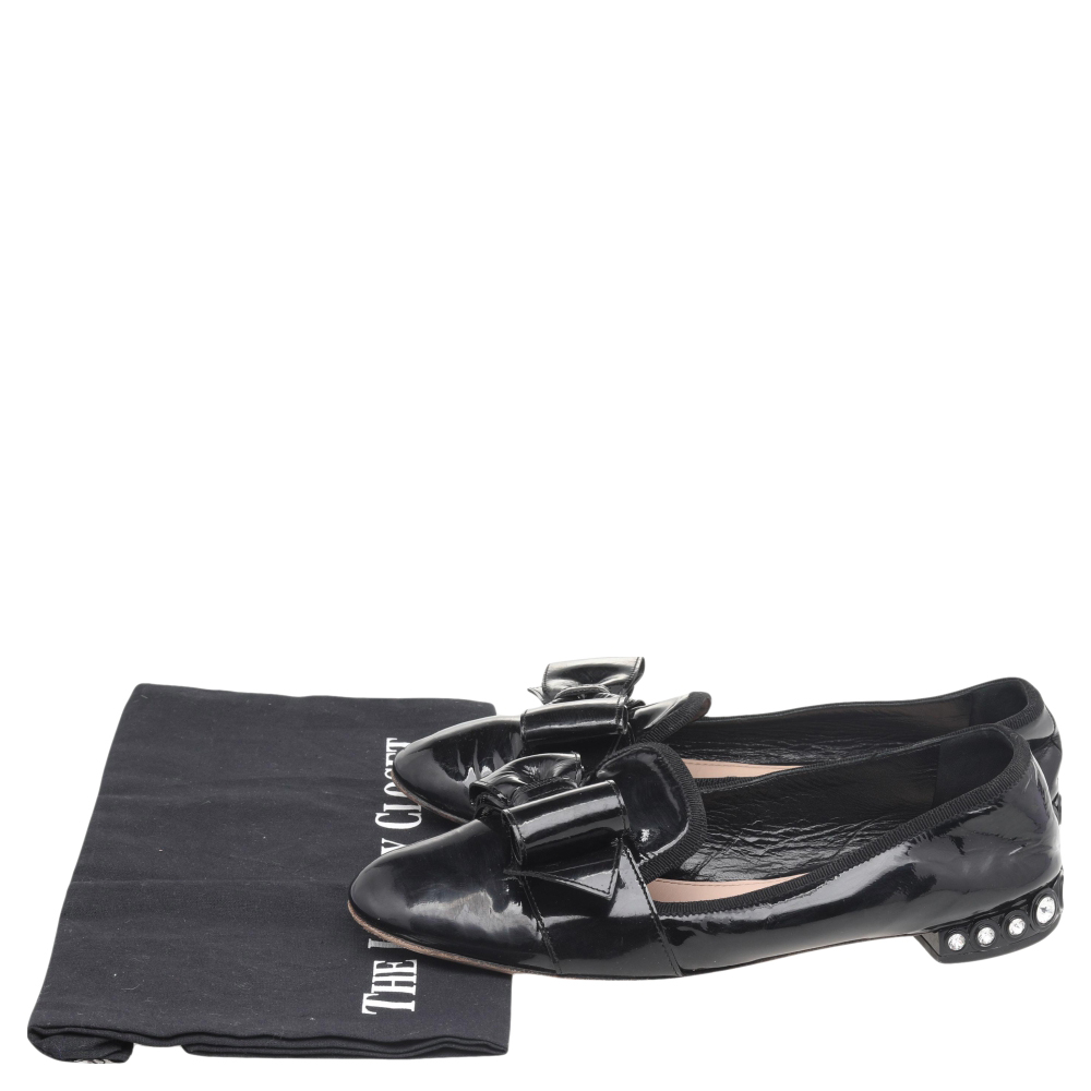 Miu Miu Black Patent Leather Bow Crystal Embellished Smoking Slippers Size 39