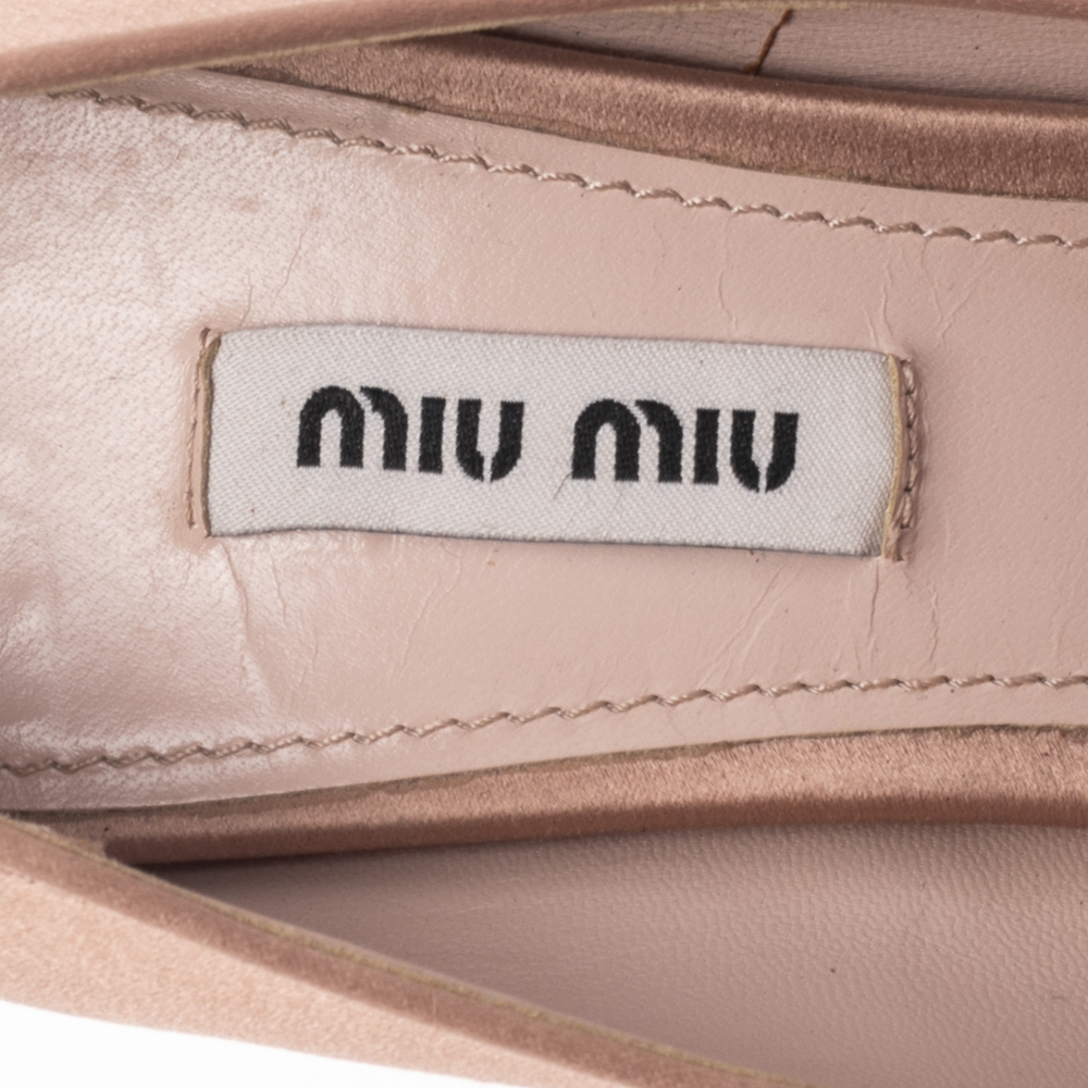 Miu Miu Beige Satin Crystal Embellished Heel Peep Toe Platform Pumps Size 37.5