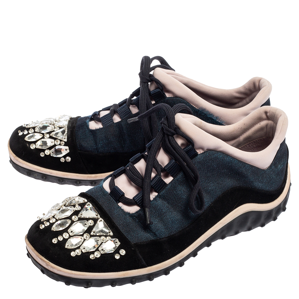Miu Miu Multicolor Fabric And Suede Jeweled Toe Sneakers Size 37