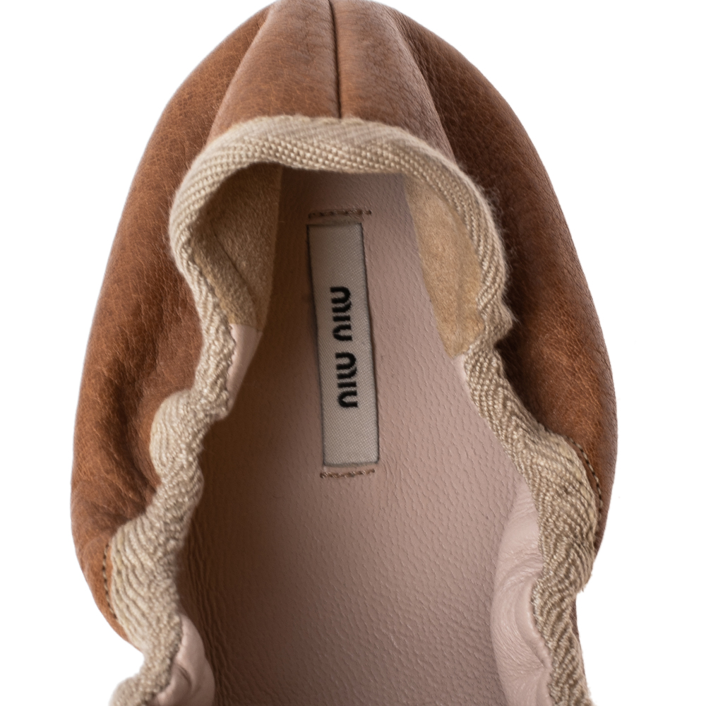 Miu Miu Brown Leather Scrunch Bow Open Toe Ballet Flats Size 40.5