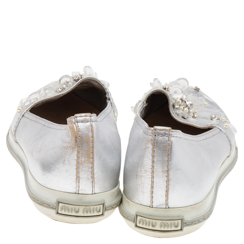 Miu Miu Metallic Silver Leather Embellished Pointed Toe Slip On Sneakers Size 40