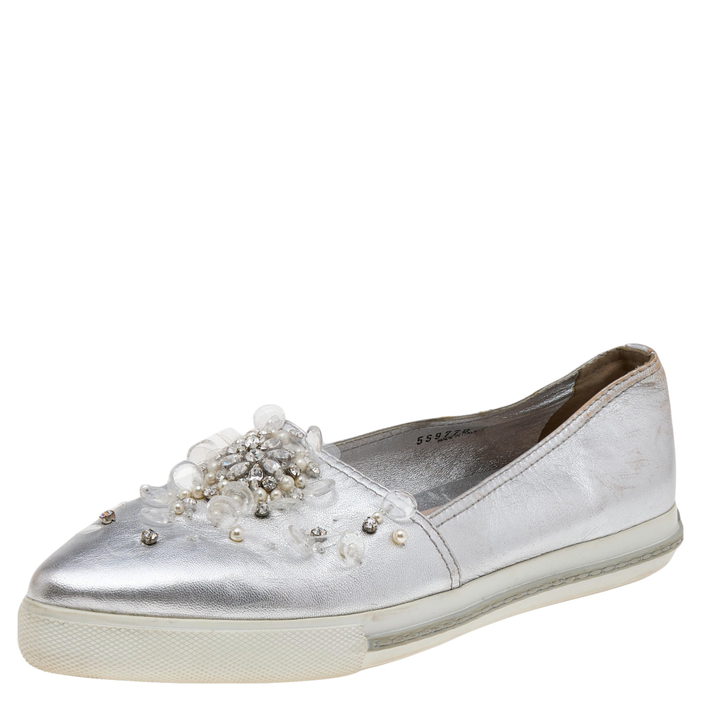 Miu miu metallic silver leather embellished pointed toe slip on sneakers size 40