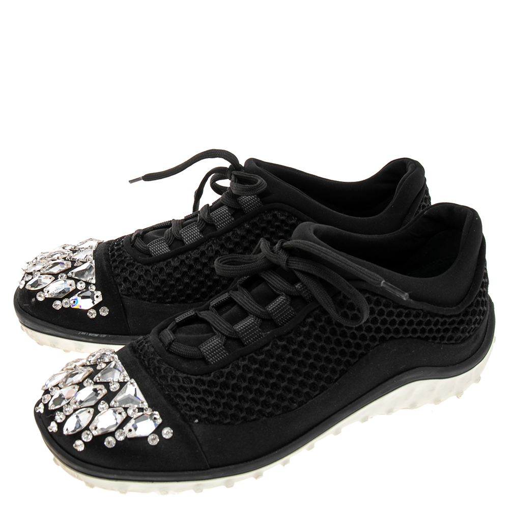 Miu Miu Black Mesh And Satin Crystal Embellished Low-Top Sneakers Size 36.5