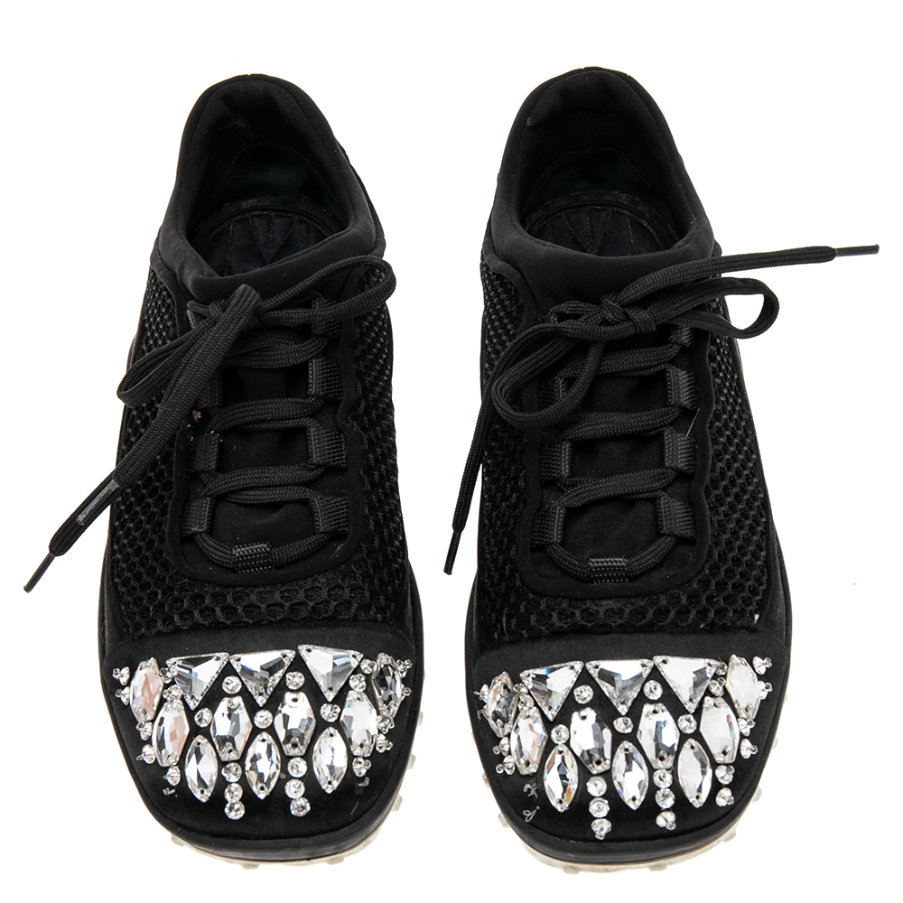 Miu Miu Black Mesh And Satin Crystal Embellished Low-Top Sneakers Size 36.5
