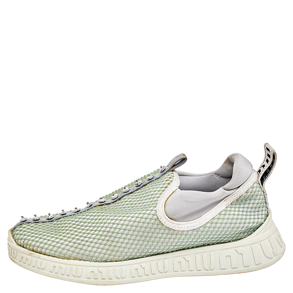 Miu Miu Multicolor Mesh And Neoprene Crystal Embellished Slip On Sneakers Size 36.5