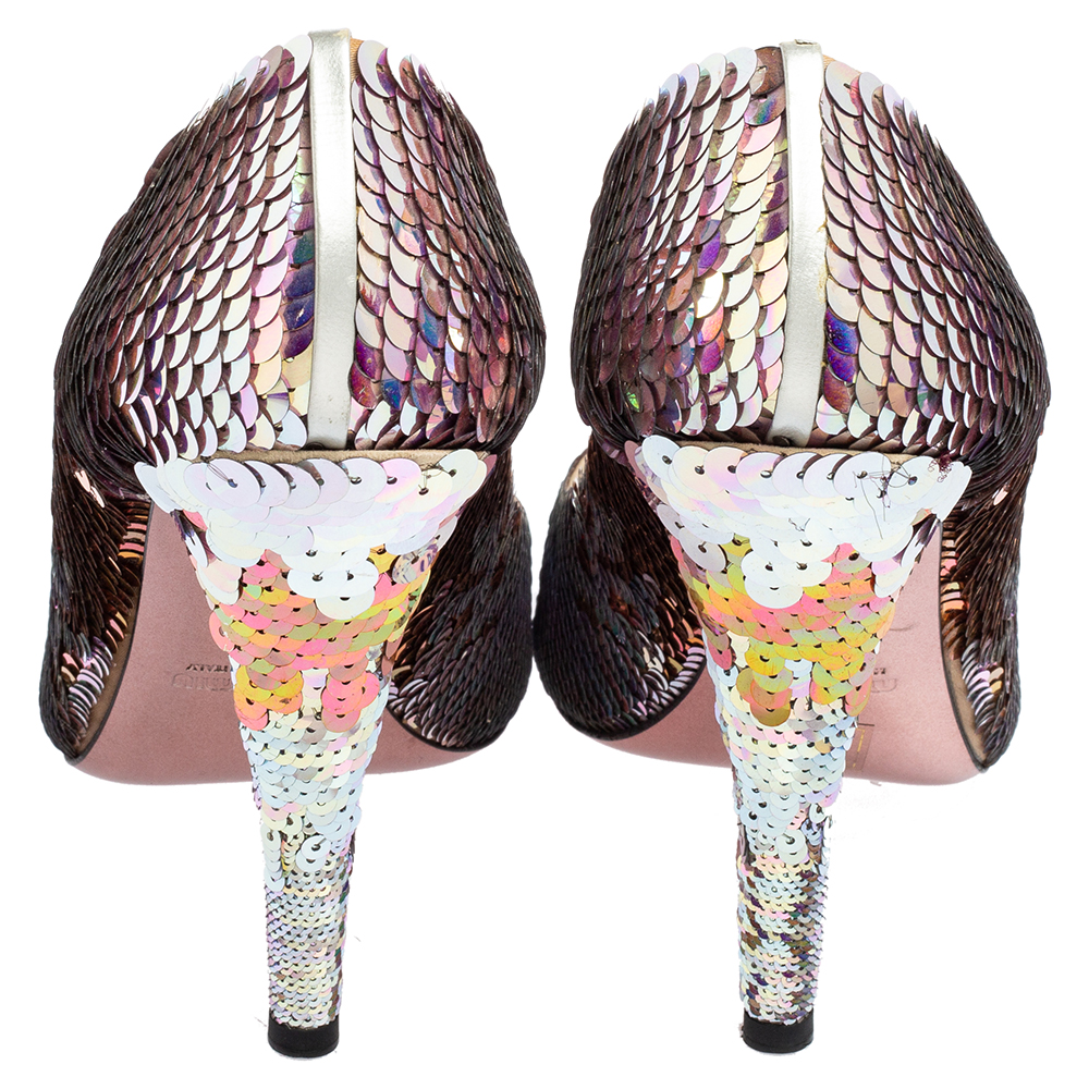 Miu Miu Multicolor Sequins Embellished Fabric Peep-Toe Pumps Size 40