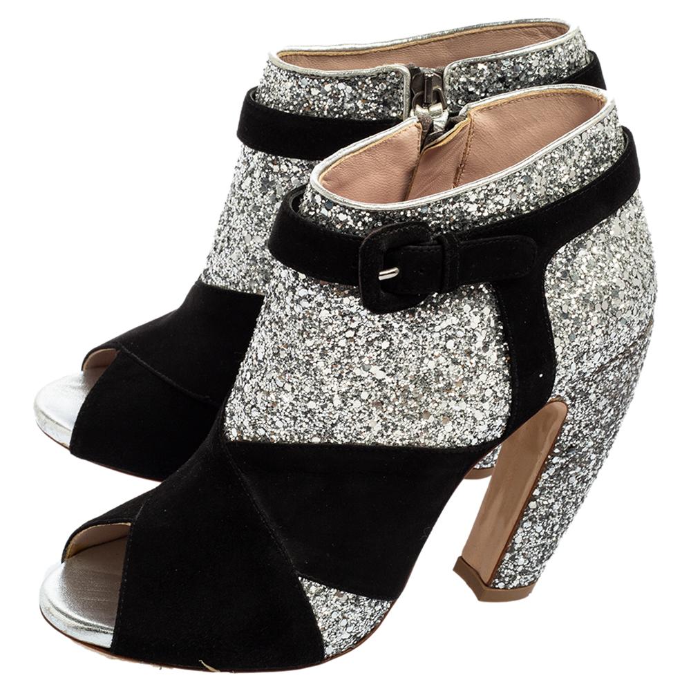 Miu Miu Silver/Black Glitter And Suede Peep-Toe Ankle Boots Size 37.5