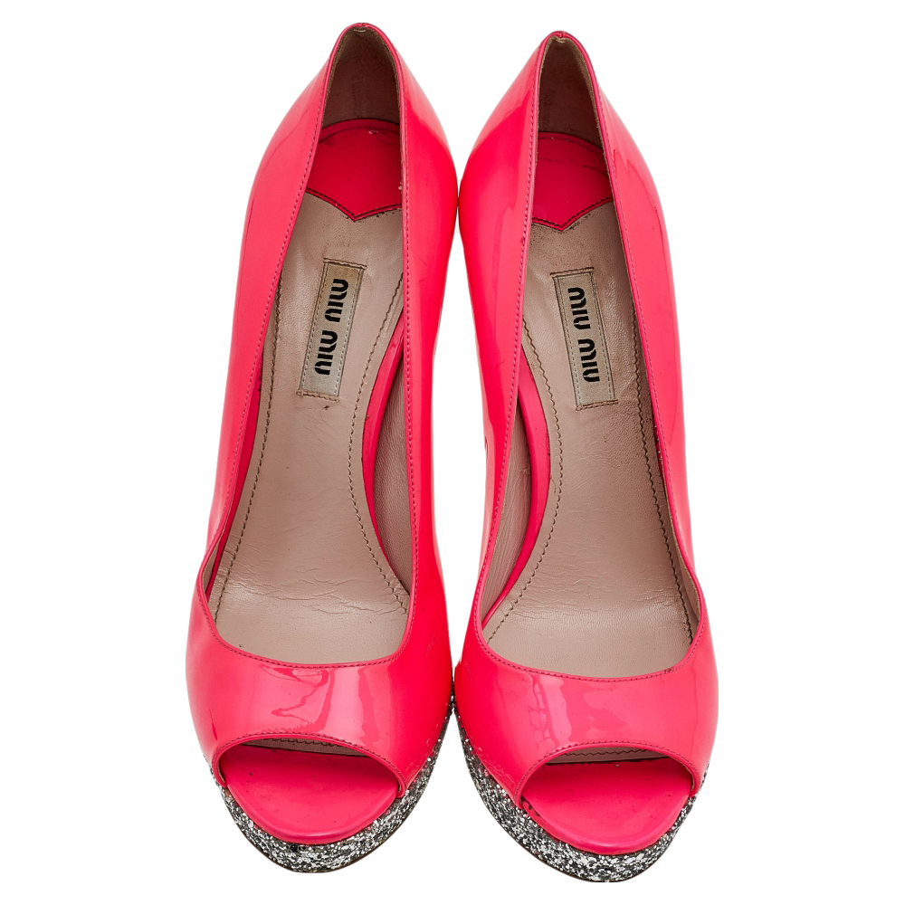 Miu Miu Neon Pink Patent Leather Peep Toe Pumps Size 38.5