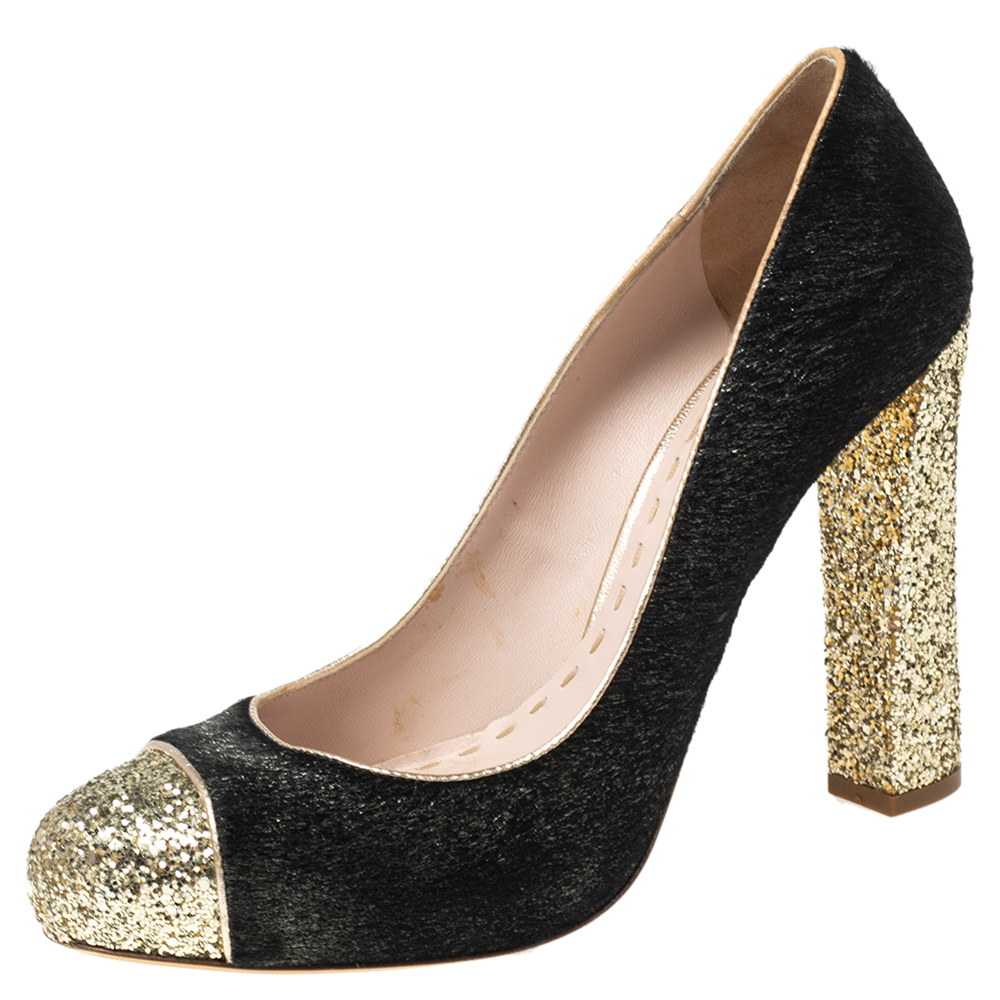 Miu miu black/gold calf hair and coarse glitter cap-toe block heel pumps size 40