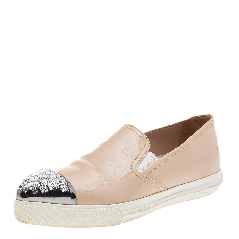 Miu miu beige patent leather crystal embellished pointed cap toe slip on sneakers size 35