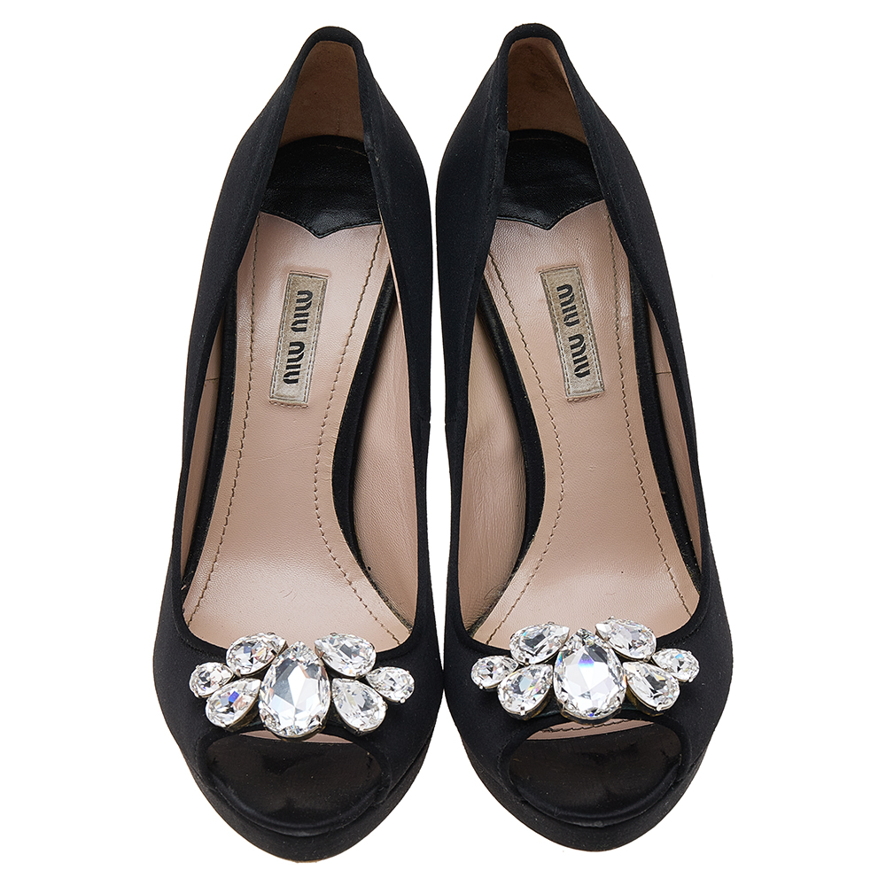 Miu Miu Black Satin Jewel Embellished Peep Toe Platform Pumps Size 39.5