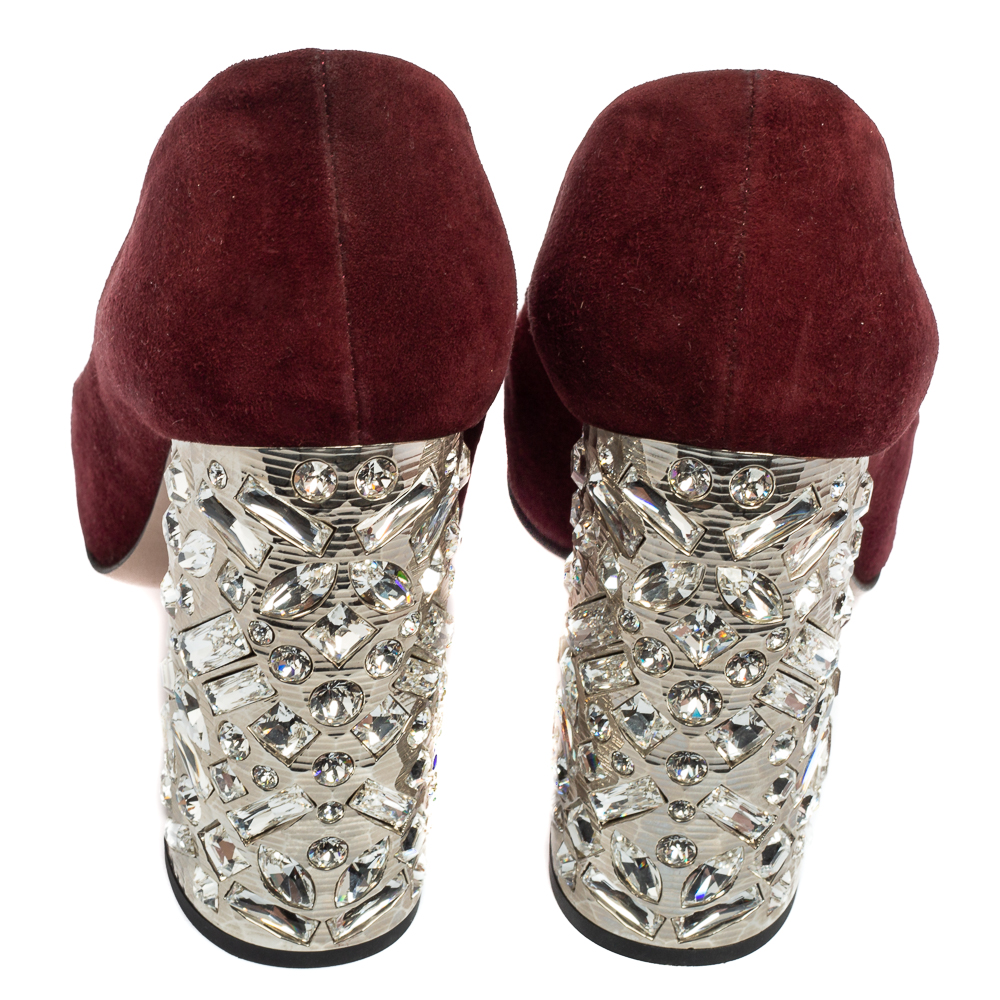 Miu Miu Burgundy Suede Crystal Embellished Block Heel Pumps Size 35